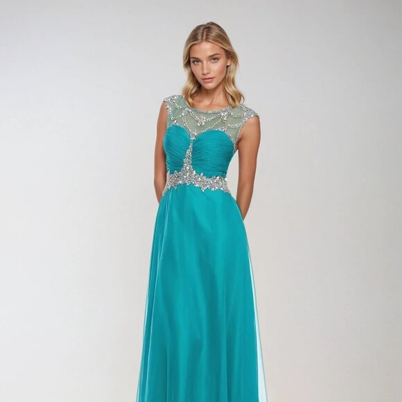New A-Line Rhinestones Embellished Maxi Evening Gown w/ Illusion Neck JT 560 - Picture 1 of 6